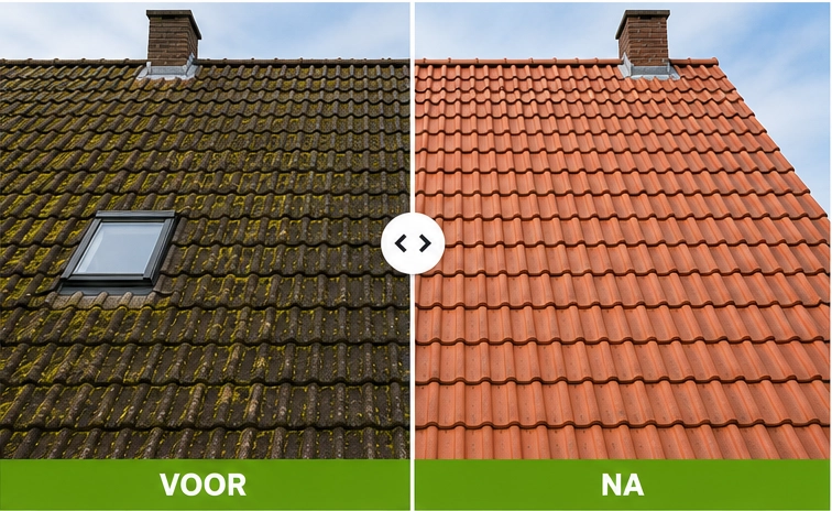 Voor en na dakreiniging en dak ontmossen door STOOMR